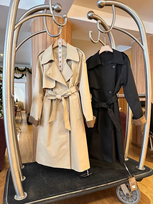 Women Double Breasted Collar Down Color Contrast Trench Coat